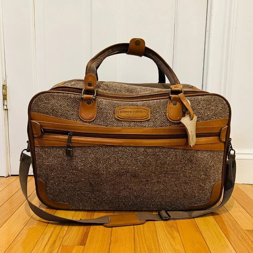 Vintage Pierre Cardin Paris Leather Tweed Luggage Travel Weekender Bag  22 inche